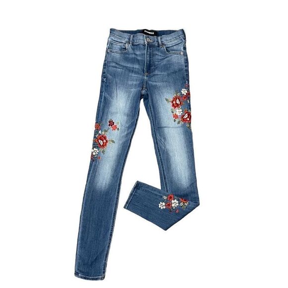 Express Denim - Express Floral Embroidered Skinny Jeans High Rise